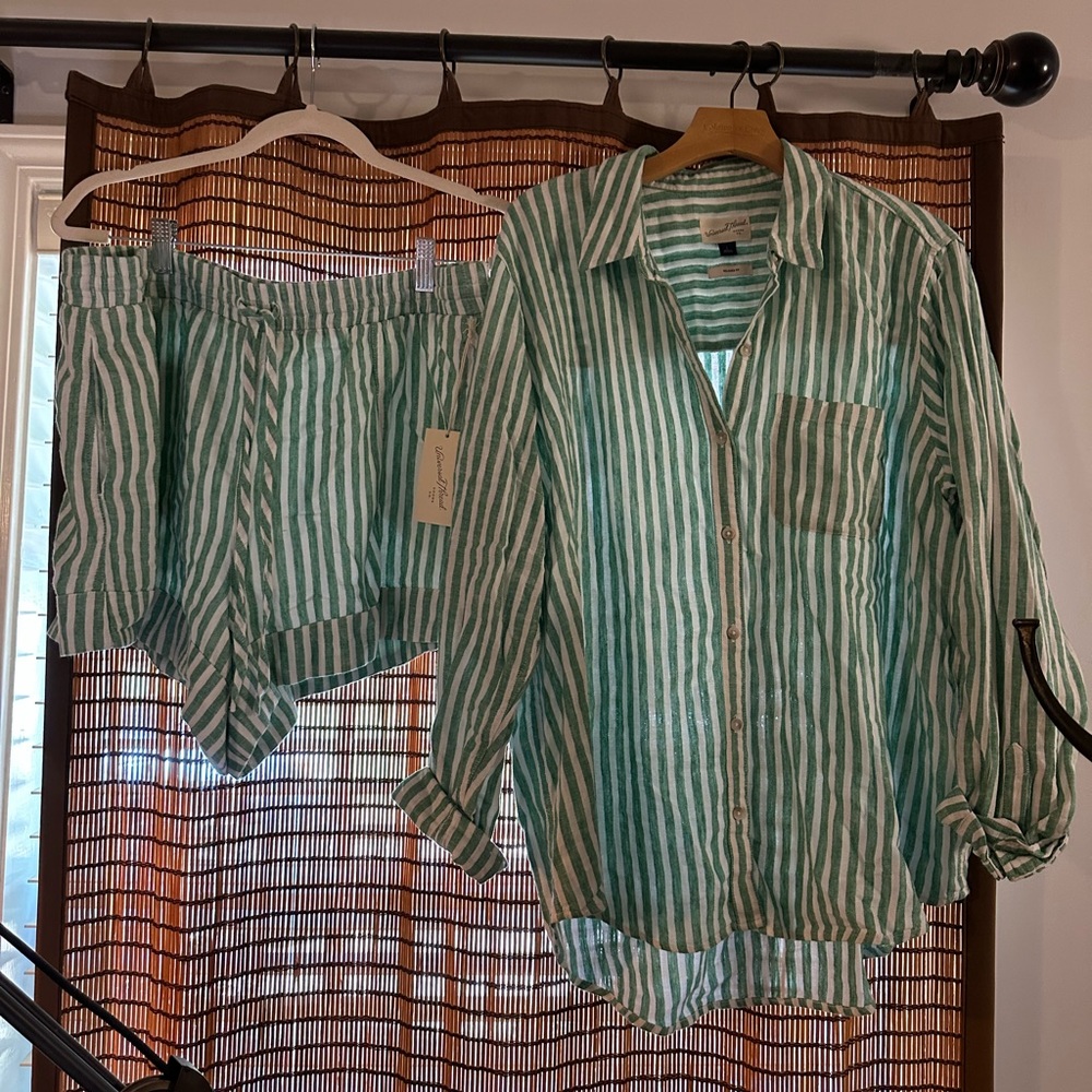 Green and White Striped Button-Up Shirt and Shorts Set - Picture 10 of 16